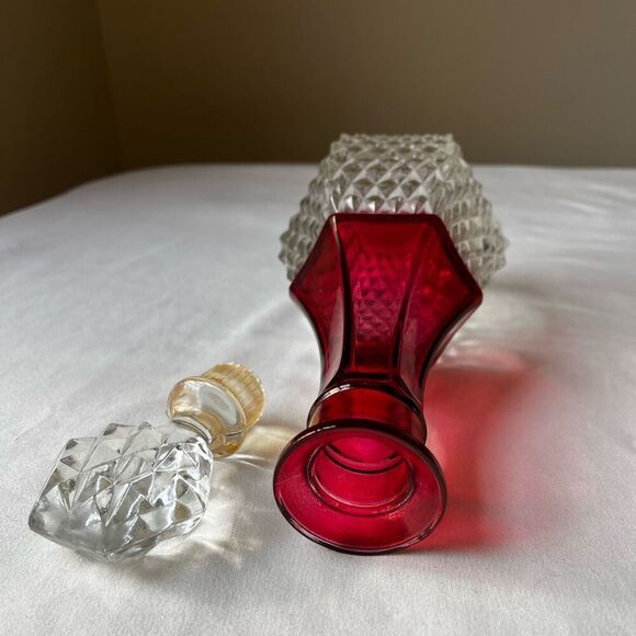 Vintage Ruby Red Diamond Point Glass Decanter with Stopper 12" Barware - Picture 8 of 12